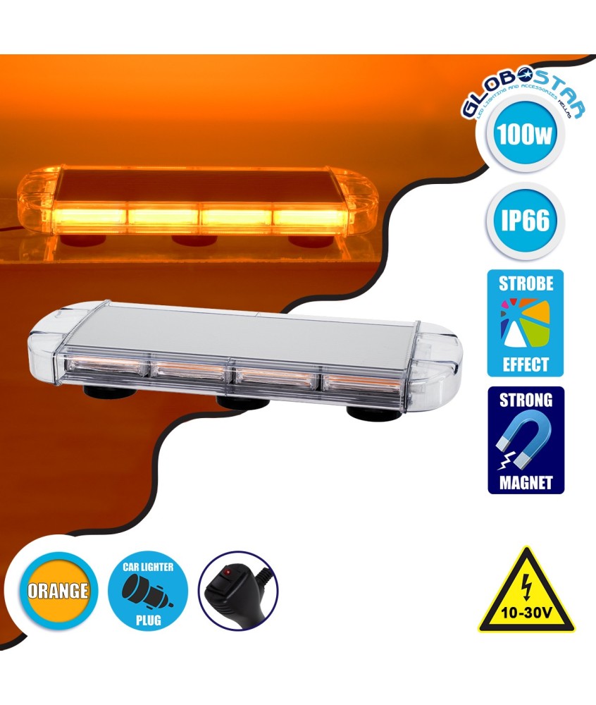 GloboStar® 85183 PRO Series Φάρος Σήμανσης Οχήματος Οδικής Βοήθείας για Αυτοκίνητα & Φορτηγά 6 Προγραμμάτων Φωτισμού STROBE LED COB 100W DC 10-30V Αδιάβροχος IP66 Πορτοκαλί